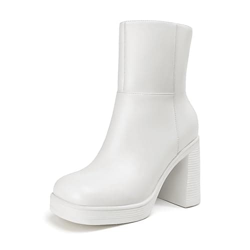Athlefit Women's Platform Ankle Boots High Chunky Block Heel White Boots Square Toe Fashion Dress Heeled Booties Size 8.5