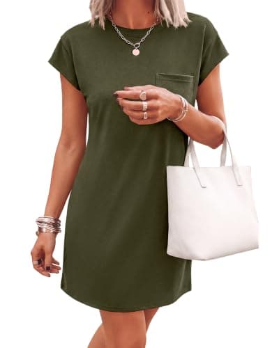 KIRUNDO Summer Dresses for Women 2026 Cap Sleeve Tshirt Dress Spring Mini Shift Sundress Loose Beach Outfits with Pockets(Army Green, Small) - Image 1