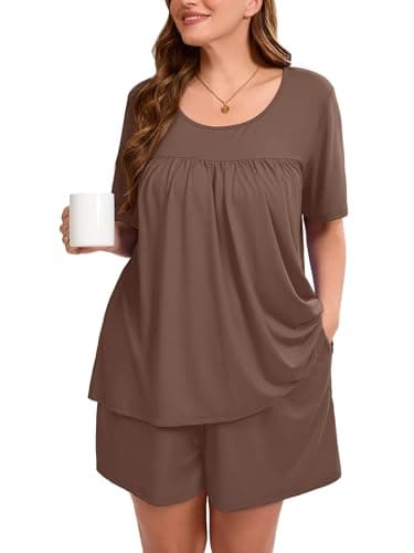 AusLook Women's Plus Size Pajama Sets Short Sleeve Top and Shorts Pastel Brown 2X Comfy Soft Ladies Short Pajamas Set Loungwear Sleepwear Pjs Set 2 Piece Lounge Set with Pockets - Image 1