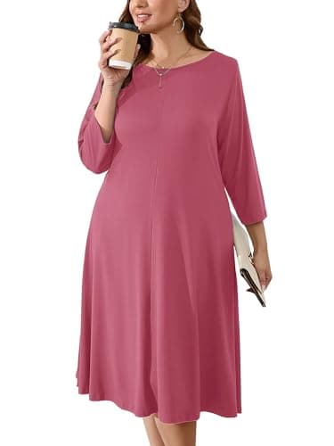 AusLook Plus Midi Dress for Women 3/4 Sleeves Crew Neck A Line Casual Elegant Loose Flowy Wedding Guest Maternity Vacation Beach Purple Red 3X Dress with Pockets - Image 1