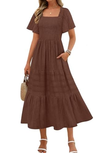 MEROKEETY Women's 2026 Summer Flowy Midi Maxi Dress Short Sleeve Square Neck Smocked Tiered Ruffle Boho Dresses with Pockets, Coffee, L - Image 1