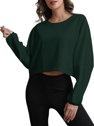 MATEAM Womens Cropped Sweatshirt Loose Fit Workout Tops - Crewneck Pullover Long Sleeve Casual Fashion Sweaters Dark Green XL - Image 1