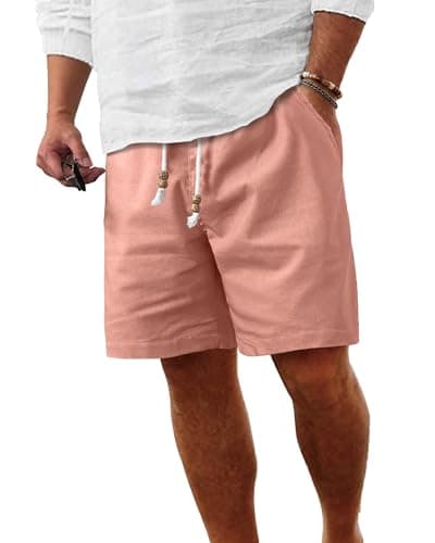 ZKMAN Men's Linen Shorts Casual Cotton Elastic Waist Drawstring Short Summer Vacation Beach Shorts with Pockets(Flamingo XL) - Image 1