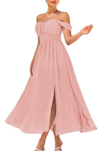 GRACE KARIN Summer Light Pink Dress for Women 2026,Off the Shoulder Smocked Bridesmaid Dresses,Formal Baby Shower Maxi Dresses M - Image 1