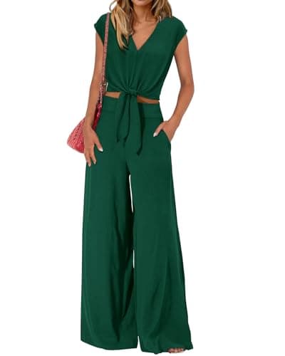 PRETTYGARDEN Women's Summer 2 Piece Outfits 2026 Cap Sleeve V Neck Belted Crop Tops Wide Leg Pant Sets Casual Tracksuit(Solid Dark Green,X-Large) - Image 1