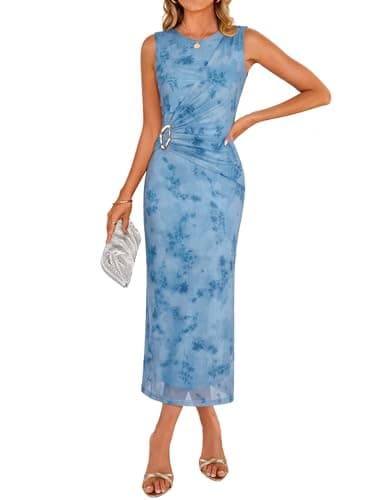 ZESICA Women's Summer Sleeveless Floral Bodycon Midi Dress 2026 Ruched Mesh Wrap Wedding Guest Cocktail Party Long Dresses Blue Large - Image 1