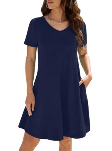 KORSIS Dresses for Women Casual T-Shirt Summer Short Sleeve A Line Sundress Swing Flowy Work Vacation Sundress with Pockets Navy Blue L - Image 1