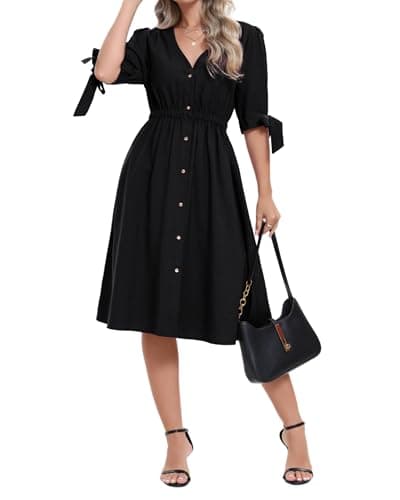 Women Linen Rayon Blend Midi V Neck Button Front Elastic Waist Puff Sleeve Tie Casual Summer A Line Dress with Pockets Ladies Empire Elastic Waist Elegant Black Vocation Holiday Dresses for Seniors - Image 1