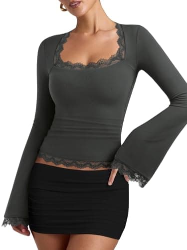 REORIA Womens Sexy Square Neck Long Bell Sleeves Shirts Lace Trim Casual Slim Fit 2026 Winter Fall Fashion Going Out Tops Gray Green - Image 1