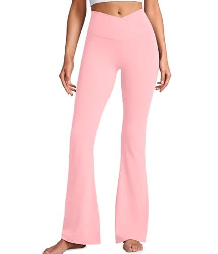 YOAKUKA Women's Flared Pants Crossover High Waist Tummy Control Yoga Leggings Butt Lifting Bell Bottoms Workout Gym Pants Pink - Image 1
