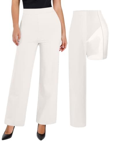 Popilush Trousers for Women Tummy Control 2 in 1 Dress Pants Work Slacks High Waisted Wide Leg with Pockets Business Casual Outfits White Size 3XL - Image 1