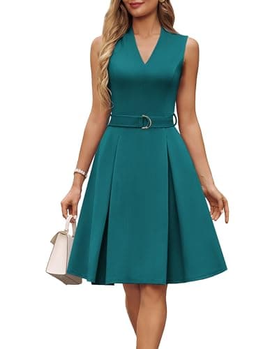 GRACE KARIN Women's Wear to Work Dresses 2026 Business Office Fit and Flare Midi Dress Church Outfits with Pockets Blue Green L - Image 1