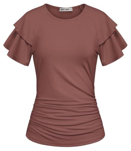 GRACE KARIN Summer Tops for Women Dressy Casual, Ruffle Short Sleeve Work Shirt, 2026 Spring Blouses Chocolate Brown Medium - Image 1