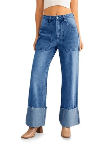 PLNOTME Womens Baggy Cuffed Jeans Casual Straight Leg Boyfriend Denim Pants with Pockets Blue - Image 1