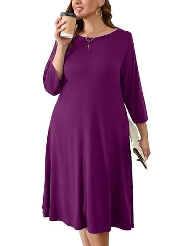 AusLook Women's Plus Midi Dresses Crew Neck A Line 3/4 Sleeves Casual Elegant Loose Flowy Wedding Guest Maternity Vacation Beach Purple 4X Dress with Pockets - Image 1