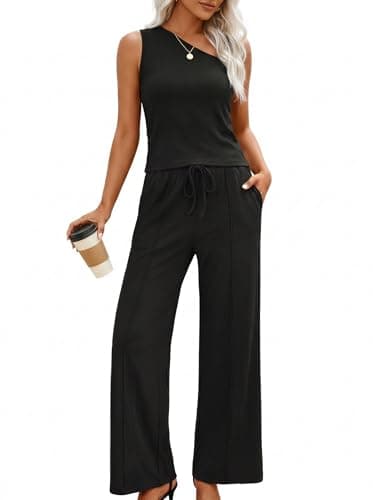 Casly Lamiit 2 Piece Outfits for Women Summer Casual Lounge Sets Sexy Off Shoulder Tops Wide Leg Pant Set Travel Vacation Clothing Black XS - Image 1