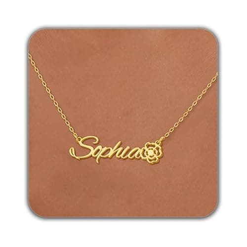 Elemtansy Custom Name Necklace with Birth Flower, Personalized Jewelry Necklaces for Women, 18K Gold Name Plate Necklaces Personalized Mothers Day Birthday Gifts for Women Sister Best Friend - Image 1