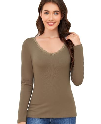 Ganado Long Sleeve Shirts for Women Lace V Neck Thermal Shirt Fitted Basic Tops Plain Layering Undershirts (Light Brown, X-Large) - Image 1