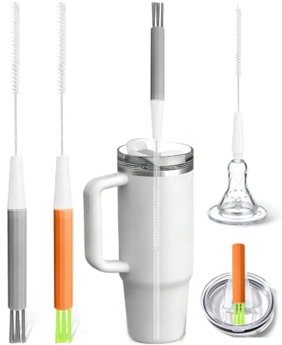 PROOCI Straw Cleaner Brush for Stanley, 2-Pack Multi 3 in 1 Extra Long Straw Cleaning Brush Set for Reusable Straws, Tumblers, Lids, Sippy Cups, Water Bottle, Nipples & Fine Gaps - Orange & Gray - Image 1