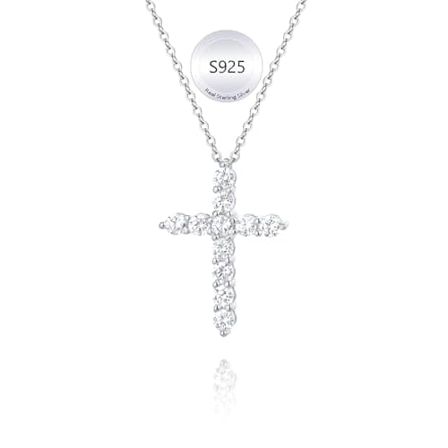 Juvux Cross Necklaces for Women 925 Sterling Silver 18K Gold Plated Cubic Zirconia Cross Pendant Necklace Simple Jesus Cross Necklace Cute Simulated Diamond Jewelry Minimalist Easter Gift (Silver) - Image 1