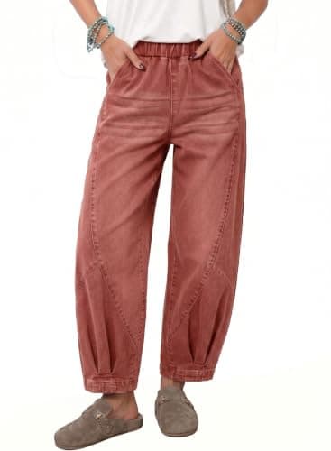 Sidefeel Jeans for Women Trendy High Waisted Stretchy Barrel Wide Leg Jeans Patchwork Loose Elastic Waist Baggy Ankle Denim Pants Mineral Red Size 12 - Image 1