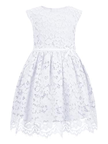 ALLOVIN Girls & Toddlers Sleeveless A-Line Lace Party Dress Birthday Wedding & Flower Girl Dress with Beaded Bowknot | Pure White | 6-7Y