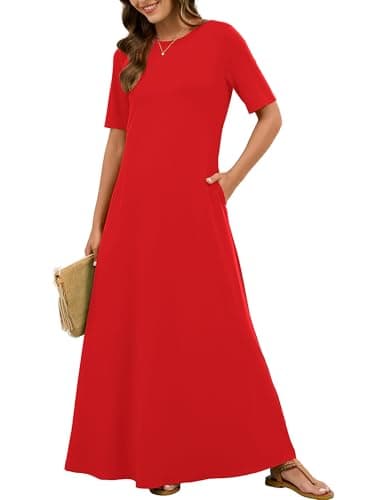 KORSIS Causal Red 2XL Dresses for Women Short Sleeve Summer Red S Long T-Shirt Dress Loose Beach Vacation Sundress with Pockets - Image 1