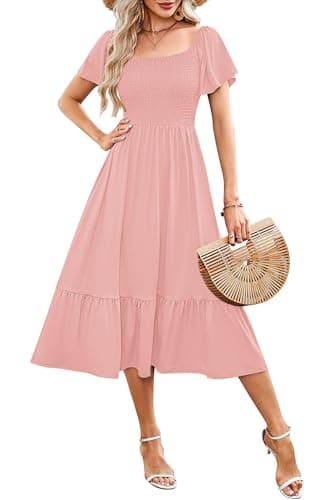 AUSELILY Women's Summer Empire Waist Dress Smocked Flutter Short Sleeve Square Neck Midi Dresses 2026 New Light Pink XS - Image 1