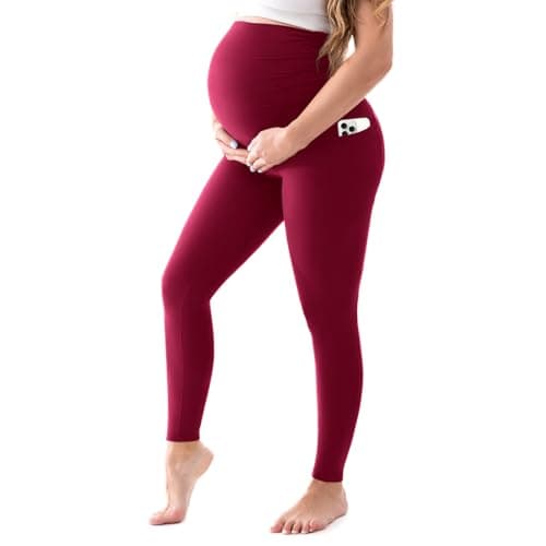 Walifrey Women's Maternity Leggings with Pockets Over The Belly,Pregnancy Yoga Pants Activewear Workout Leggings Burgundy L - Image 1