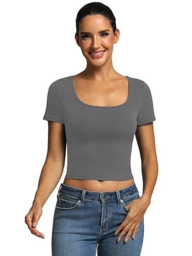 ICTIVE Women's Short Sleeve T Shirts Casual Summer Basic Scoop Neck Slim Fit Work Tops Grey XL - Image 1