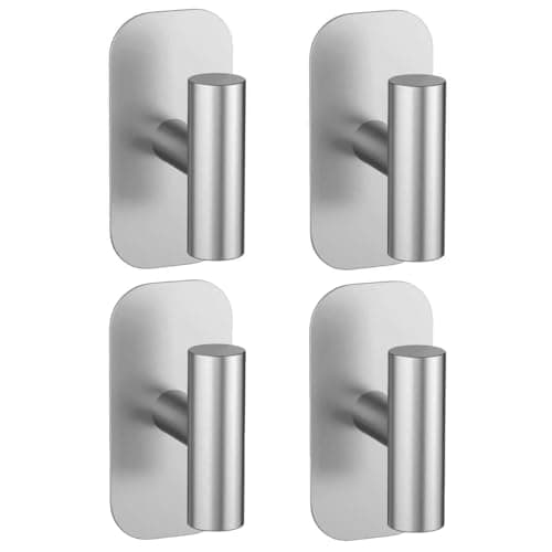 IMUMU Adhesive Towel Hooks for Shower,Waterproof Heavy Duty Bathroom Hooks,Wall Mounted Sticky Hangers for Coats/Aprons/Robes,No Drilling(Silver,4 Pack) - Image 1