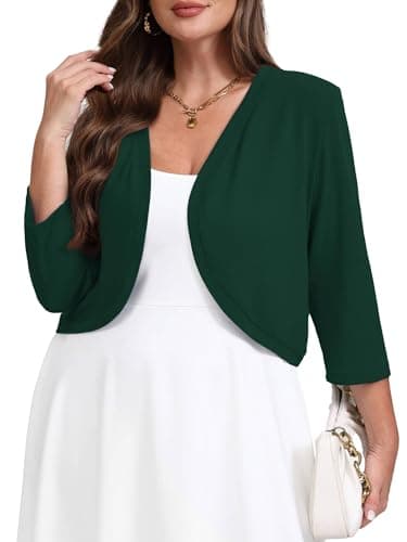AusLook Plus Size Women Bolero Shrugs 3/4 Sleeve Deep Forest 2X Open Front Knit Lightweight Coat Cropped Tops Shawls and Wraps Cardigan Dressy Sweater Clothes - Image 1