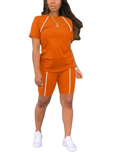STOLKISS Vacation Outfits for Women 2 Piece Sets Casual Dressy Bodycon Short Pants Workout Sets Orange S - Image 1
