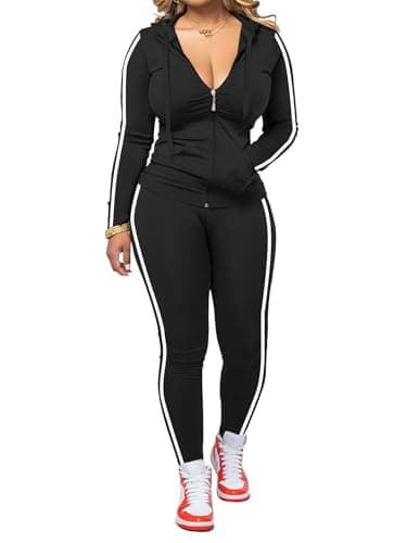 Hakubeby Women 2 Piece Outfits Casual Workout Sets Striped Bodycon Tracksuit Zip Up Long Sleeve Hoodle Jacket Jogger Pant Set Black M