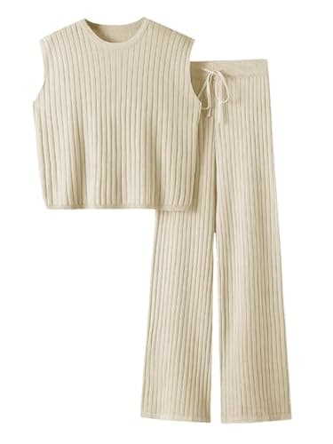 Imily Bela Womens 2 Piece Outfits Sleeveless Ribbed Knit Tops Wide Leg Pants Summer Vacation Sweater Matching Lounge Sets - Image 1