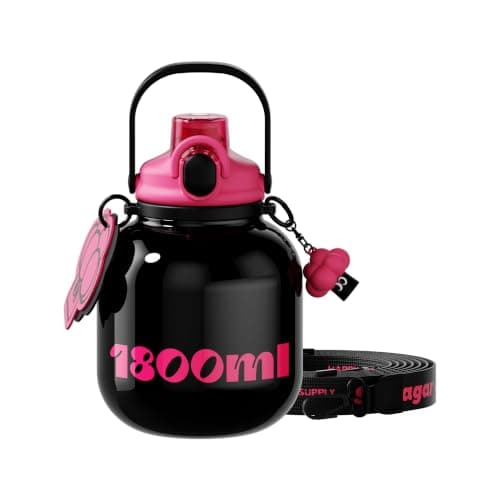 Sidagar 60 oz Big Gallon Water Bottle with Straw and Carry Handle, Black Wide Mouth Vacuum Water Jug, Insulated Stainless Steel Bottles; Heavy-Duty Aesthetic Yoga Flask for Women, Sweet & Cool Black - Image 1