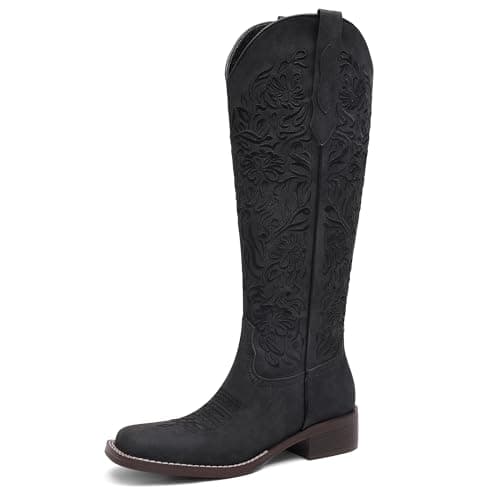 GPXGPX Wide Calf Cowboy Boots Women Knee High Boots Black,Low Block Heel Comfortable Pull On Western Square Toe Tall Boots 9.5 - Image 1