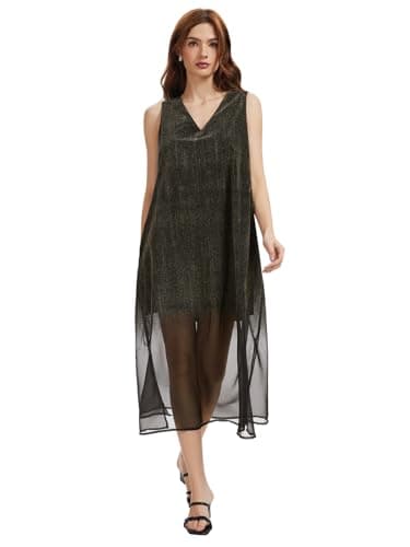 J.Corrine Women V-Neck Sleeveless Denim Flocked Chiffon Dress Gradient Blue Black White Tank Casual Midi Spring Summer Dress - Image 1