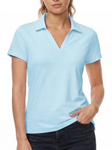 Stelle Womens V Neck Polo Shirts Short Sleeve Collared Tops Quick Dry Golf Tennis Work Casual Summer Tee(Light Blue,XL) - Image 1