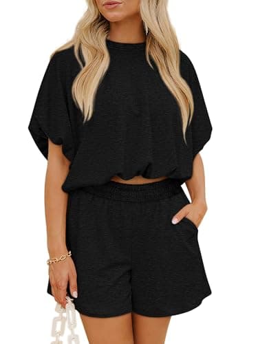 COCCKO Two Piece Outfits for Women Lounge Sets Casual Bubble Short Sleeve Tops and Shorts Set Sweatsuits with Pockets Black L - Image 1