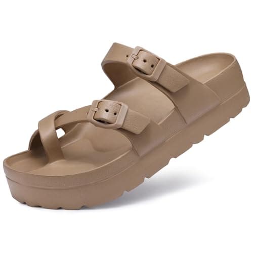 Goosecret Women's Platform Sandals with Arch Support Comfortable Foam Slides Summer Beach Sandals with Adjustable Buckle Brown, 36 - Image 1