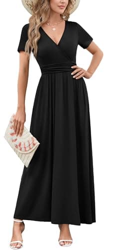 WEACZZY 2026 Summer Dresses for Women Casual Wrap Empire Pleated Waist V Neck Short Sleeve Maxi Dress Travel Holiday Elegant Long Dresses with Pockets,Black,Large - Image 1