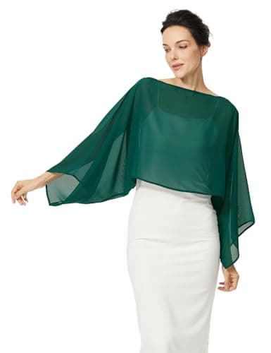 BEAUZSUZSANA Women Chiffon Bolero Cape Capelets with Arm Holes Shawls and Wraps for Evening Dress Bridal Wedding Party (Emerald Green,L-XL) - Image 1