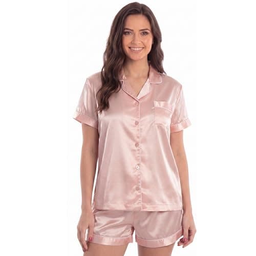 Just Love Women's Satin Pajama Set, Short Sleeve Button Down Top with Notch Collar and Matching Shorts, Satin Pink, Small - Image 1