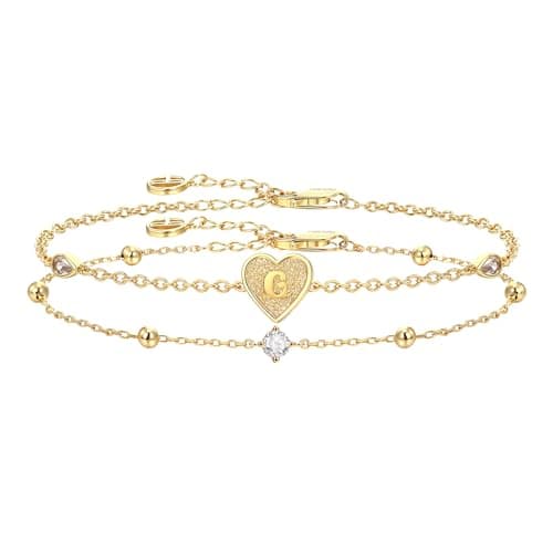 Cicy Bell Gold Heart Initial Bracelets for Women Gifts Dainty 18K Gold Plated Cubic Zirconia Personalized A-Z Name Chain Link Charm Bracelet Non Tarnish Birthday Jewelry Gifts for Her - Image 1