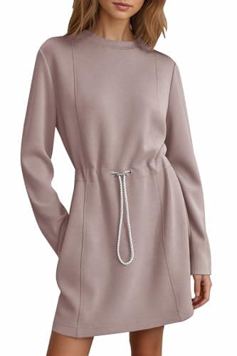 COCOMARTS Womens Casual Long Sleeve Crewneck Sweatshirt Dress Drawstring Waistband Tunic Tops Vacation Mini Dresses 2025 Fall Light Coffee X-Large - Image 1
