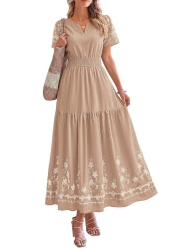 PRETTYGARDEN Women's Summer Boho Maxi Dress 2026 Spring Floral Short Sleeve V Neck A Line Flowy Beach Wedding Guest Dresses (Khaki,Small) - Image 1
