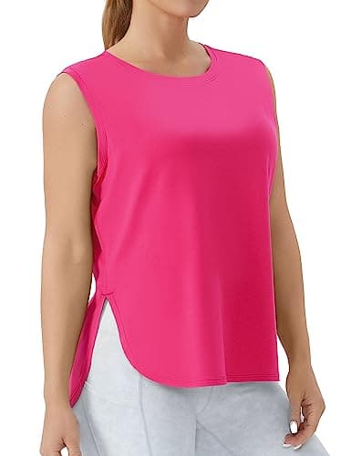THE GYM PEOPLE Women's Workout Tank Tops Loose Fit Sleeveless Cotton Running Shirts Bright Pink - Image 1