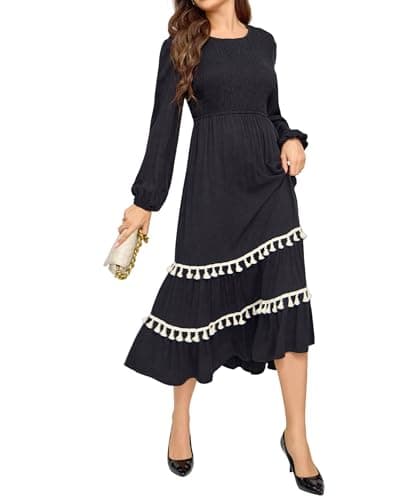 Ystguic Women Balloon Sleeve Casual Smocked Empire Elastic Waist Rayon Viscose Long Tassel Ruffle Tiered Ruched Flowy Elegant Dresses with Pockets Ladies Muslin Boho X-Large Black Dress for Seniors - Image 1