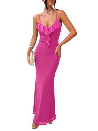 Prinbara Womens Mesh Bodycon Formal Maxi Dresses Summer Spaghetti Strap Ruffle Cocktail Wedding Guest Party Prom Long Dress Hot Pink Small - Image 1